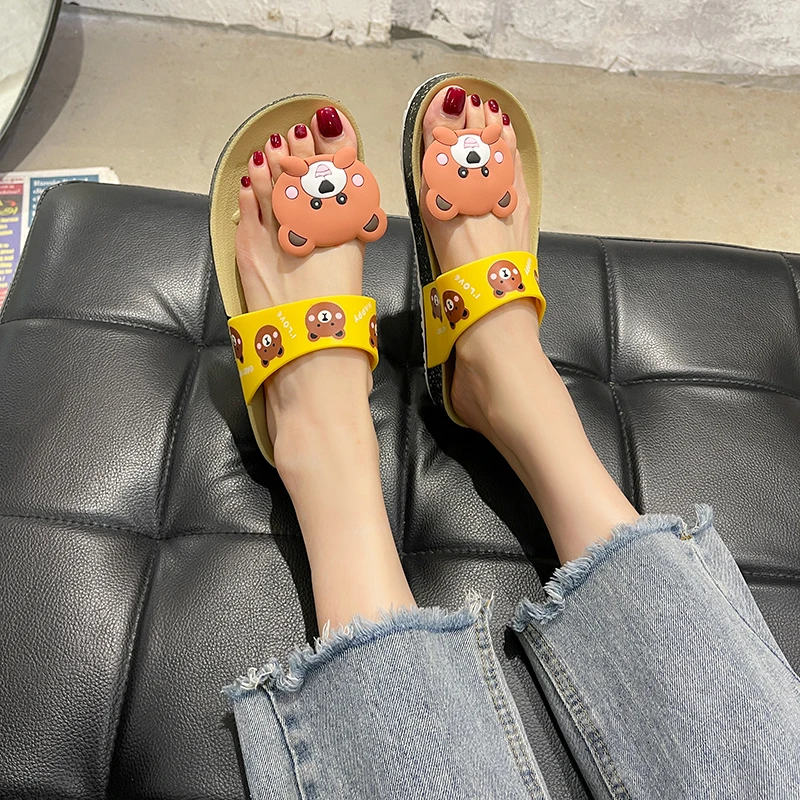 

New Yellow Fashion Print Cute Bear Women's Summer Flip-flops Outdoor Beach Womens Cartoon Slippers Indoor Flats Platform Sandals
