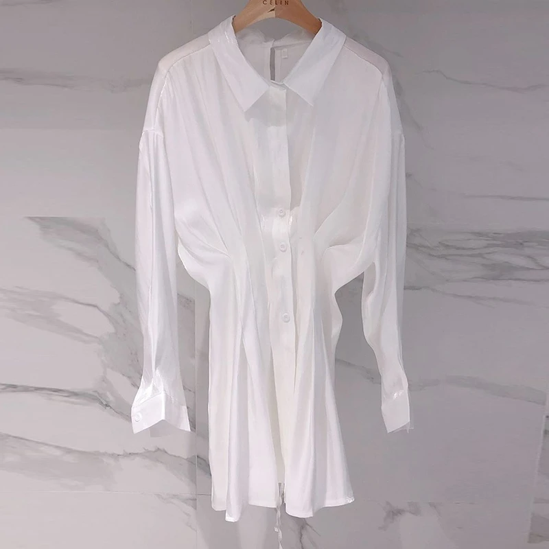 SHENGPALAE 2020 Women Female Tops Long Sleeve Casual Turn-down Collar Women's Pleated Lace Up Shirt Skirt Loose Blouses ZA2694 |