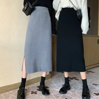 autumn and winter 2021 korean long back slit skirt hip skirts all match high waist slimming black knitted skirt women plus size
