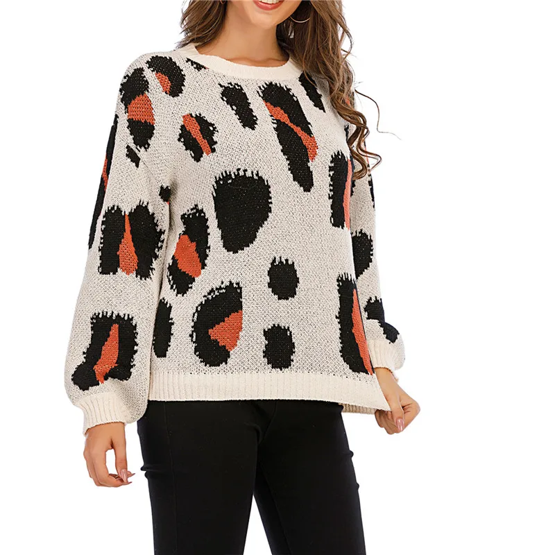 

Women Leopard Print Sweaters 2021 Spring Autumn Casual Long Sleeve Crew Neck Knitted Pullover Tops