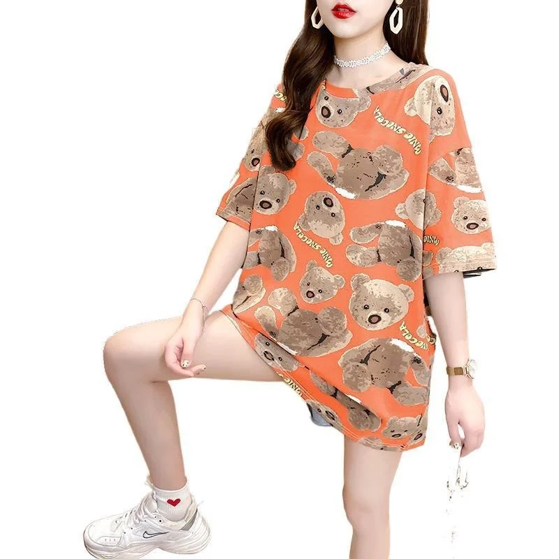 

O-neck Casual Fashion Cartoon Bear Short-Sleeved Shirt Women Summer Loose Plus Size Harajuku Kawaii Cute Graphic Tees E Girl