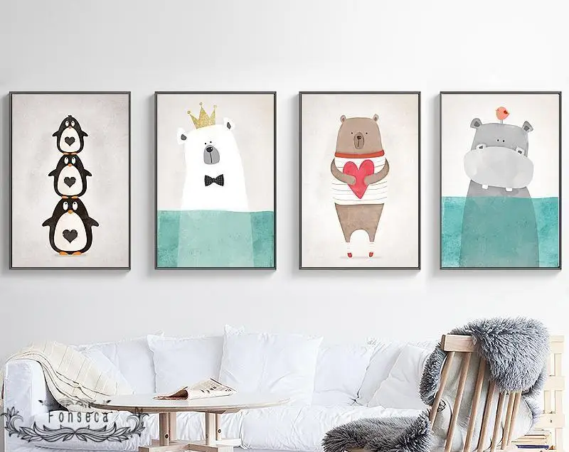 Мультяшные животные холщовые плакаты настенный художественный принт