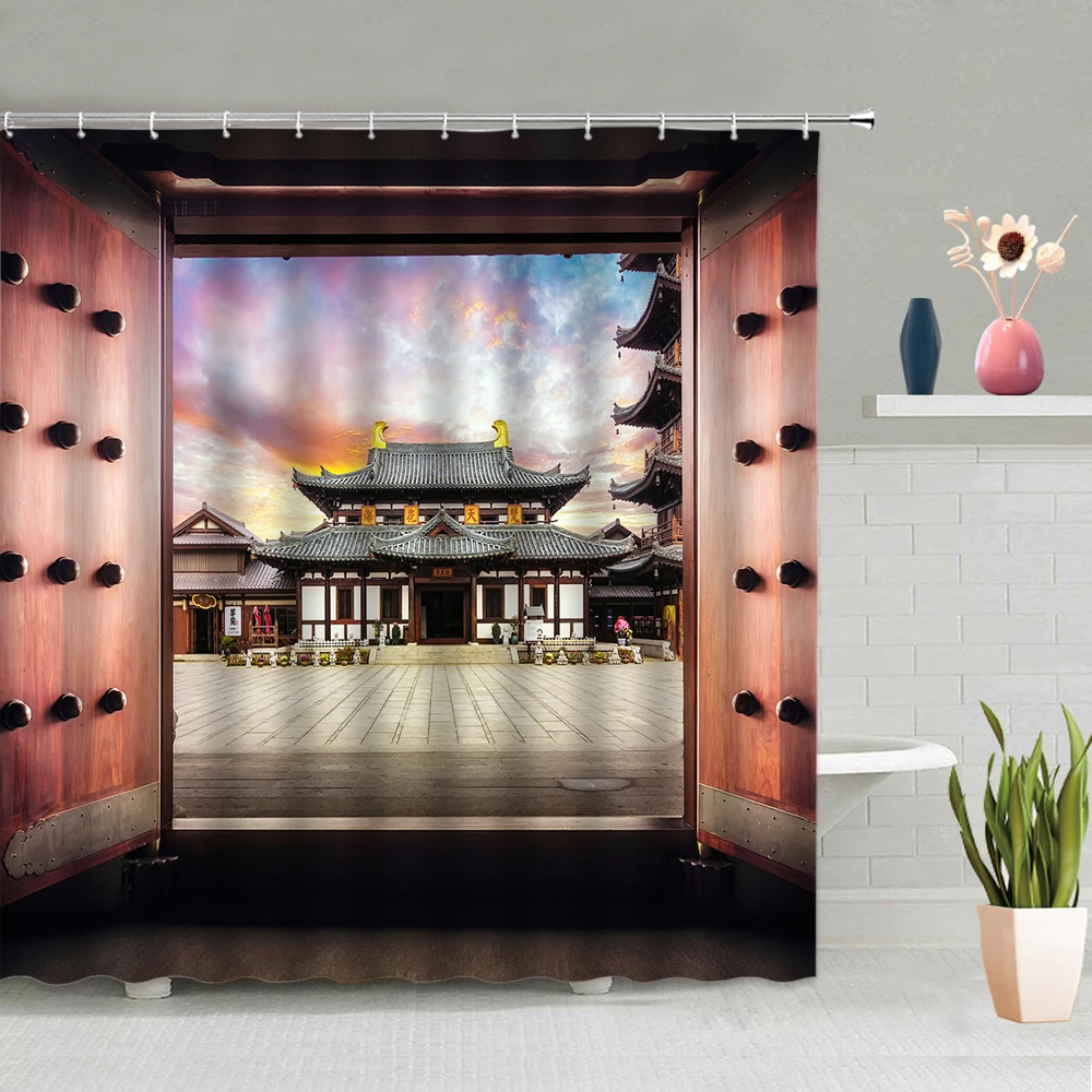 

Занавеска для душа с изображением здания, храма, древнего города, озера, классического павильона, лодки, декоративный экран для ванной комна...