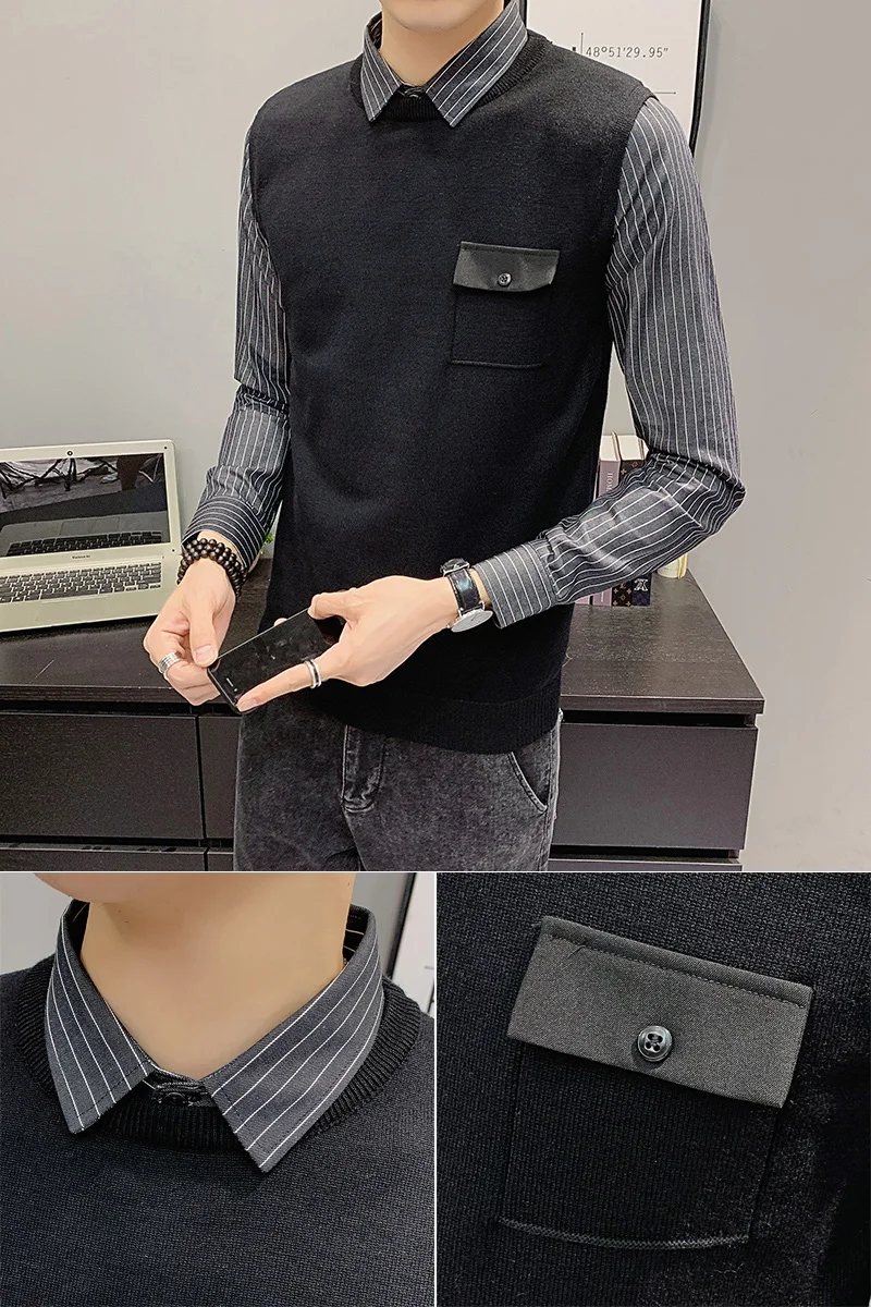 

Winter men's slim fitting fake two piece striped shirt collar Pullover knitted sweater men's bottoming shirt