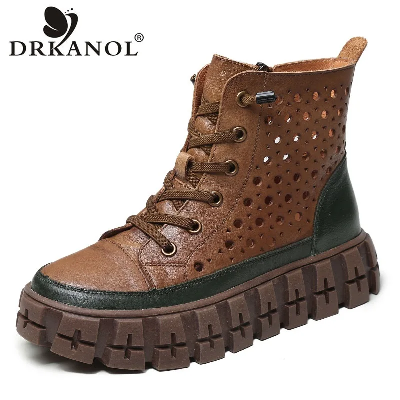 

DRKANOL 2021 Handmade Thick Bottom Summer Shoes Women Ankle Boots Hollow Out Breathable Genuine Leather Platform Cool Boots