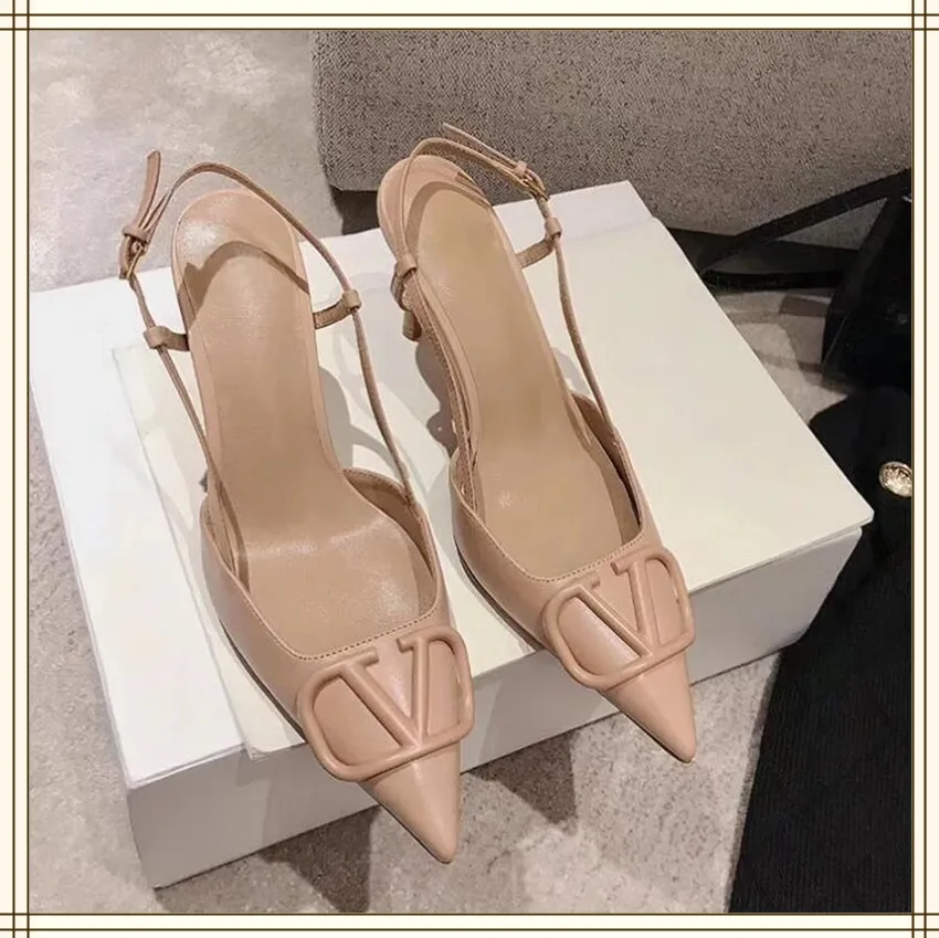 

Luxury V Brand Women Pointed Sandal 6cm 8cm 10cm Thin High Heel Metal V-button Genuine Leather Women's Wedding Shoes Dustbag
