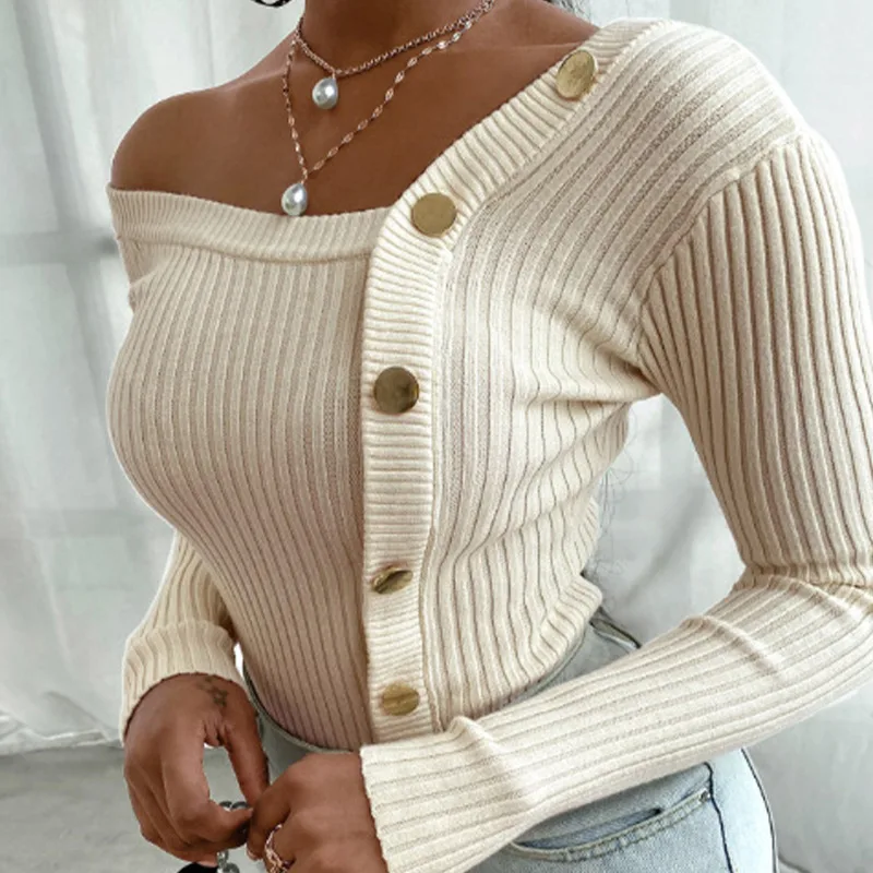 

Women's Sweater One Shoulder Slim Pullover Long Sleeve Solid Button Female Sweaters 2021 Autumn Fashion Sexy Ladies Top