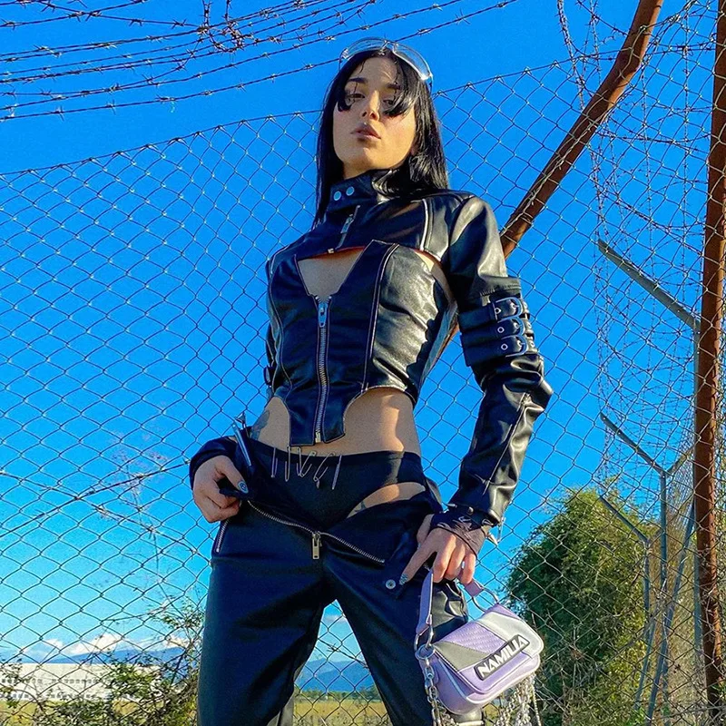 

Sexy Leather Sleeveless Corset Tops Waistcoat Black Chest Zipper Skinny Slim Fit Strapless Cami Women Backless Party Clubwear