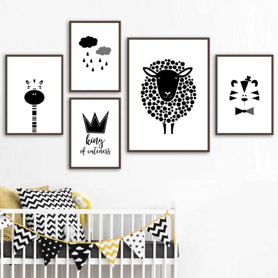

Sheep Giraffe Tiger Crown Wall Art Canvas Painting Wall Pictures For Baby Kids Room Decor Nordic Posters And Prints Black White