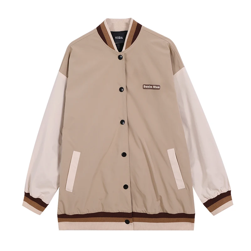 

Retro Patchwork Jacket Zipper Baseball Casual Loose Contrast Polyester Jacket Single Breasted Chaqueta Mujer Coat Women DE50JK