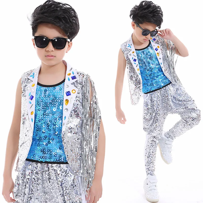 

2021 New Jazz Dance Child Costume Boys Hip Hop Street Dance Jazz Sequins Tassel Blue Vest Harem Pants Suit Kids Dancing Clothes