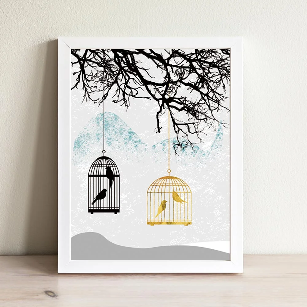 Wall Art Холст Картина абстрактный Золотой Черный Каркас деревья Птицы Плакаты Nordic