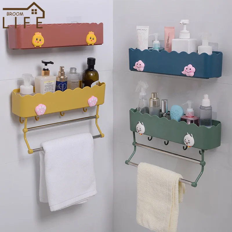 

Cute Bathroom Shelves Kitchen Organizer Towel Bars Wall Mounted Floating Shelf Shower Shampoo Rack Holder Bathroom Accessories