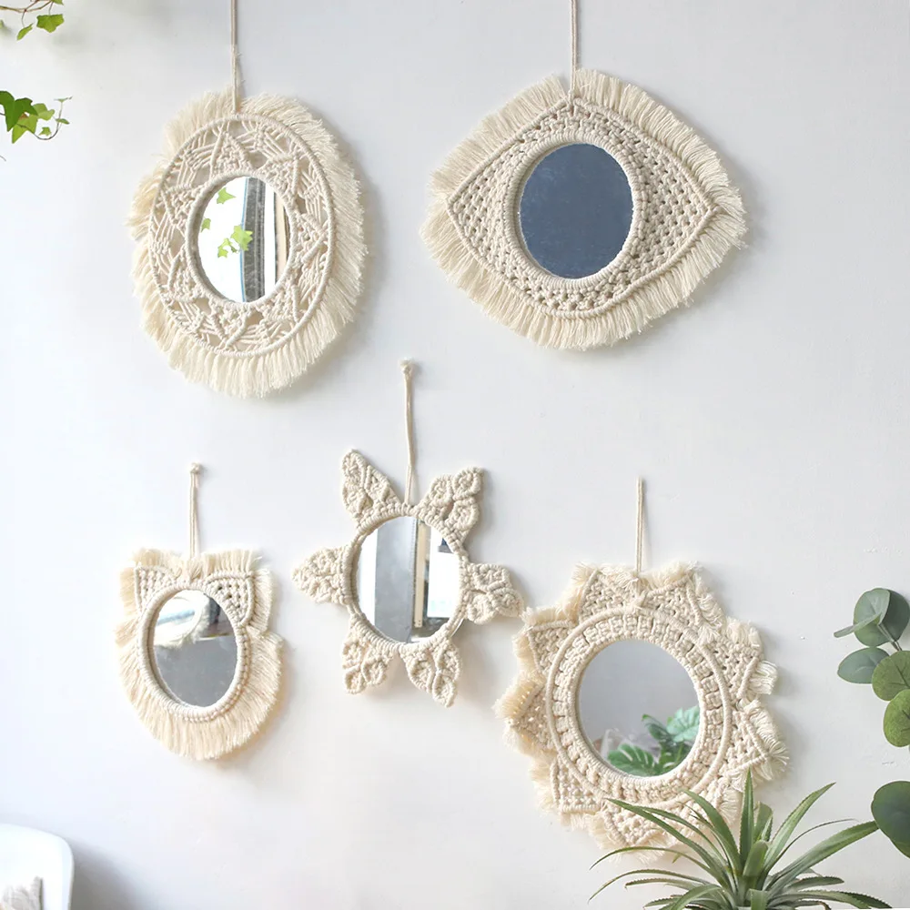 

Boho Handmade Weave Hanging Wall Mirror For Home Bedroom Deco Tassel Round Macrame Wall Mirrors Tapestry Living Room Decorative