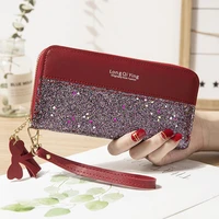 women wallets luxury sequin patchwork glitter zipper coin purses female pu leather long fashion tassel card holder clutch bag