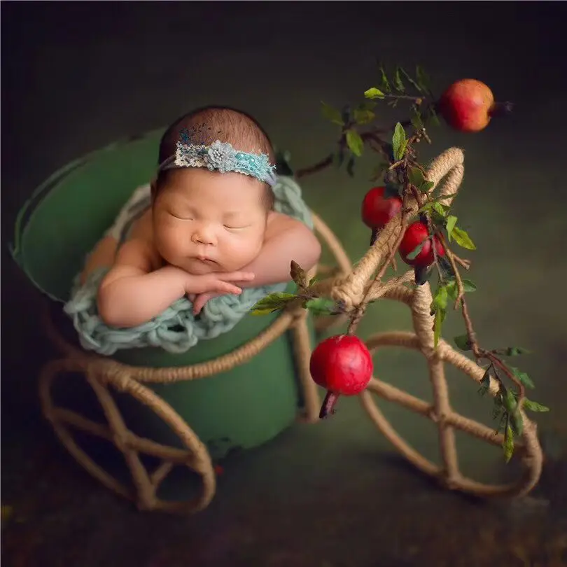 Original newborn photography props newborn baby photo with bicycle manual twine woven baby cart accessories