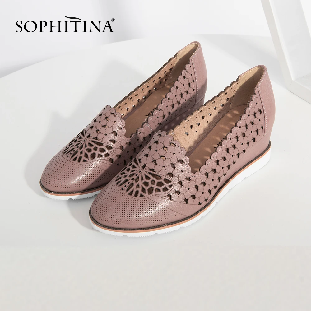 SOPHITINA/Новинки 2019г.; Летние туфли для женщин с перфорациями; Новые женские туфли-лодочки на мягкой и удобной подошве; Повседневная обувь на высокой танкетке из натуральной кожи с округленным носком; Босоножки;SC40