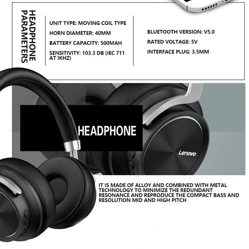 

Quality Lenovo HD800 Wireless Headphone Noise Cancelling Gaming Headset Bluetooth 5.0 Foldable Sports Running Stereo