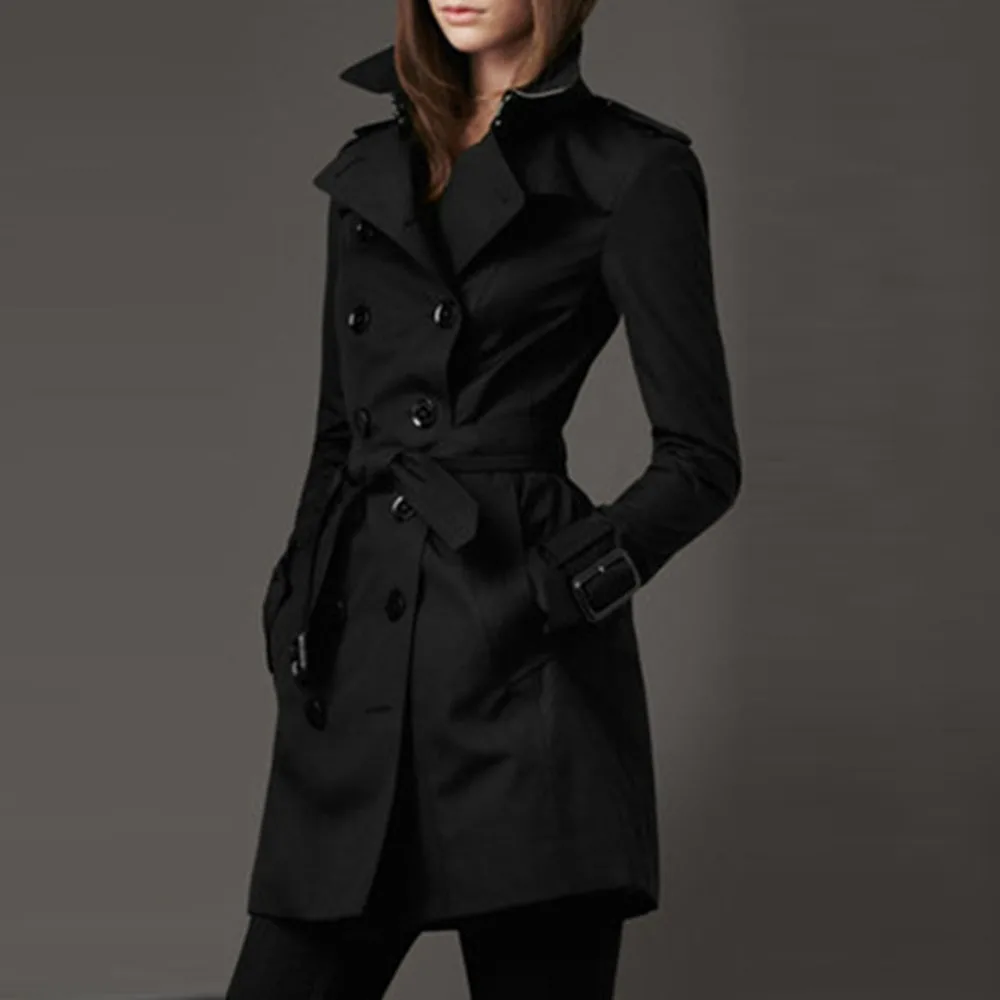 

2021 Spring Autumn New Fashion Temperament Solid Color Women Trench Coat High Waist Lapel Long Sleeve Double Breasted Women