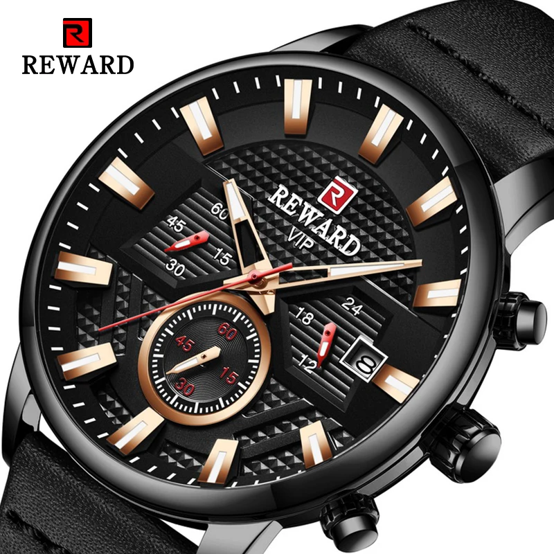 

REWARD Quartz Wrist Watches Black Leather Complete Calendar Luminous Hands Fashion Dial Round Case Relogio Masculino