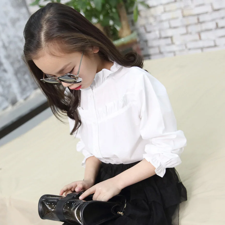 Блузка для девочек однотонная блузка белая детская длинная рубашка Детская