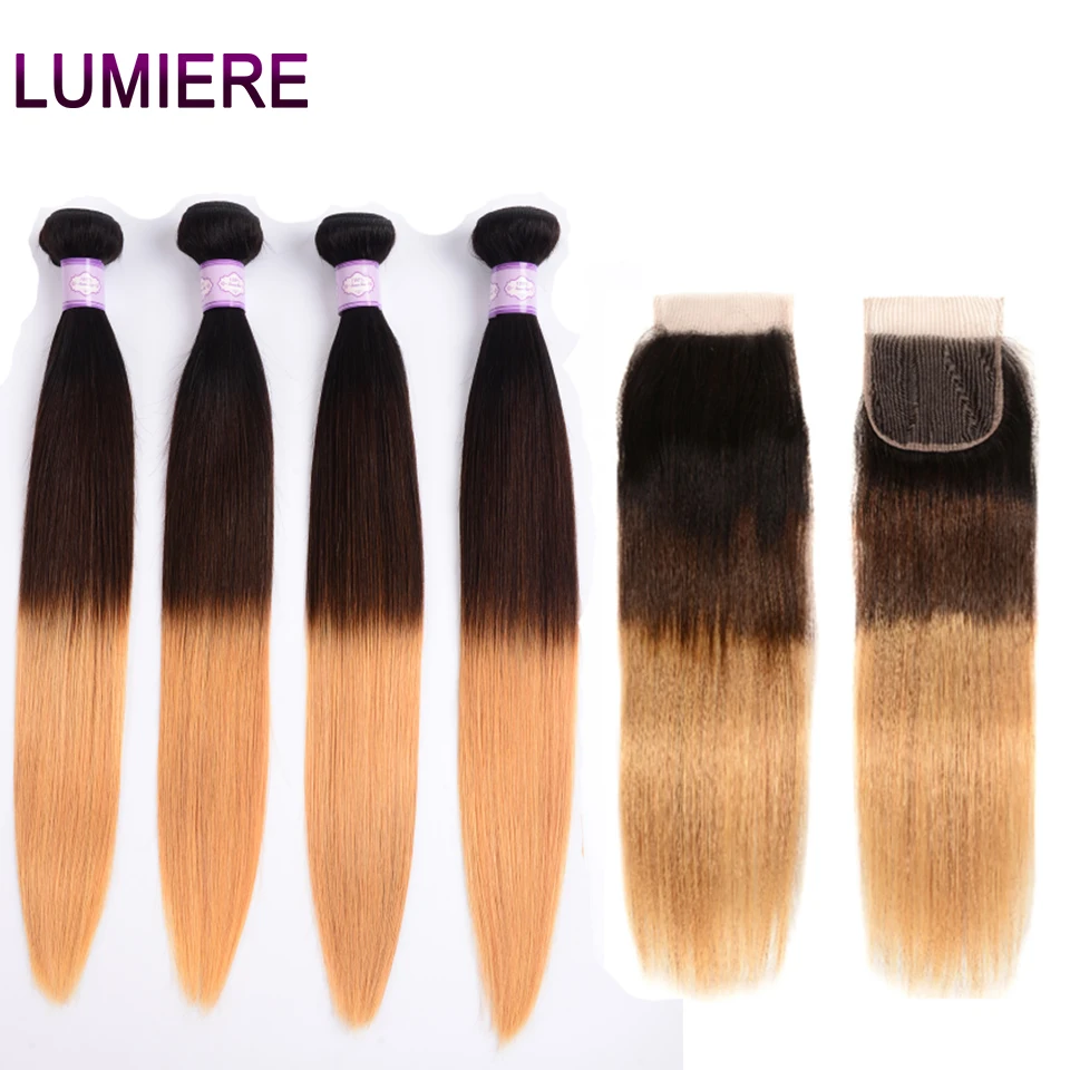 Lumiere волосы бразильские волнистпряди Омбре прямые 1B/4/27 медовый блонд не Реми