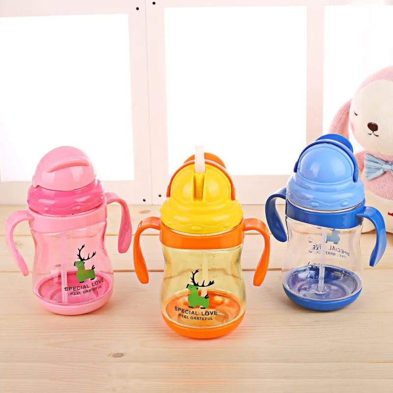 

Infant Baby Cartoon Deer Sippy Cups Wide-Caliber Kids Training Bottles Children Learn Drinking with Double Handles & Straw 300ml