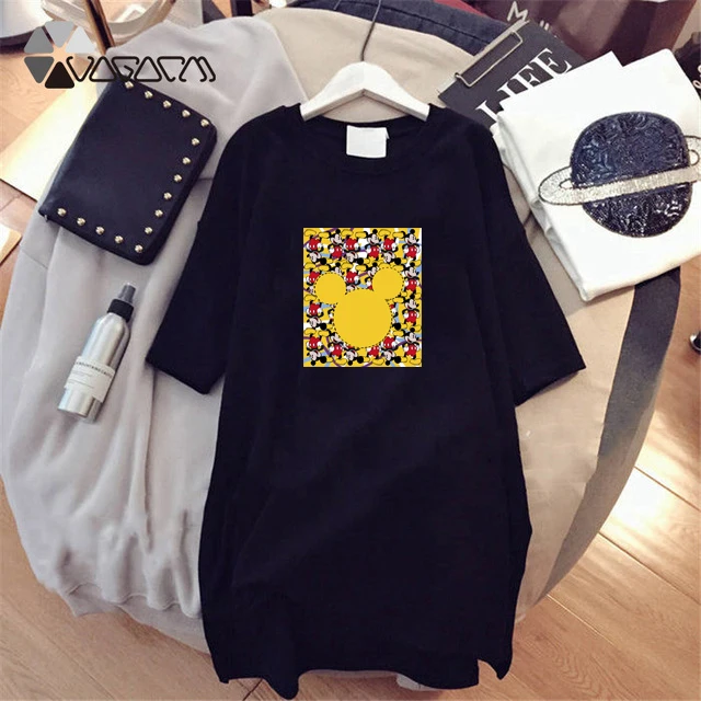 

Women 2021 Dress Mickey Mouse Cartoon Short Sleeve Letter Print Black White Casual Mini Black Loose Summer Dresses