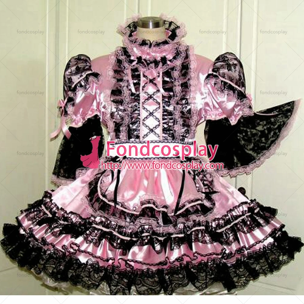 

fondcosplay adult sexy cross dressing sissy maid short lockable baby pink Satin dress Uniform apron costume Tailor-made[G1559]