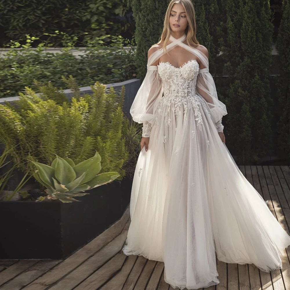 

Elegant Wedding Dresses Tulle Appliques Pleat Strapless Full Sleeve Lace Up A-Line Bridal Gowns Novia No 2021