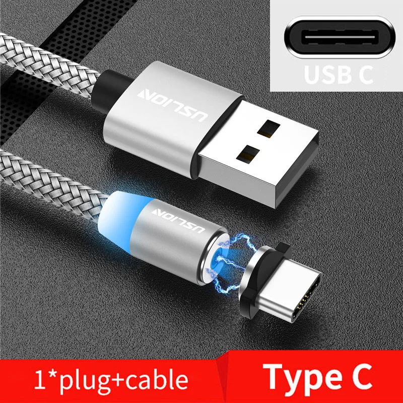Магнитный кабель USLION, Micro usb type C, кабель для быстрой зарядки, зарядное устройство для iPhone, samsung, huawei, Xiaomi, Micro USB кабель, USB C кабель - Цвет: Silver for Type C