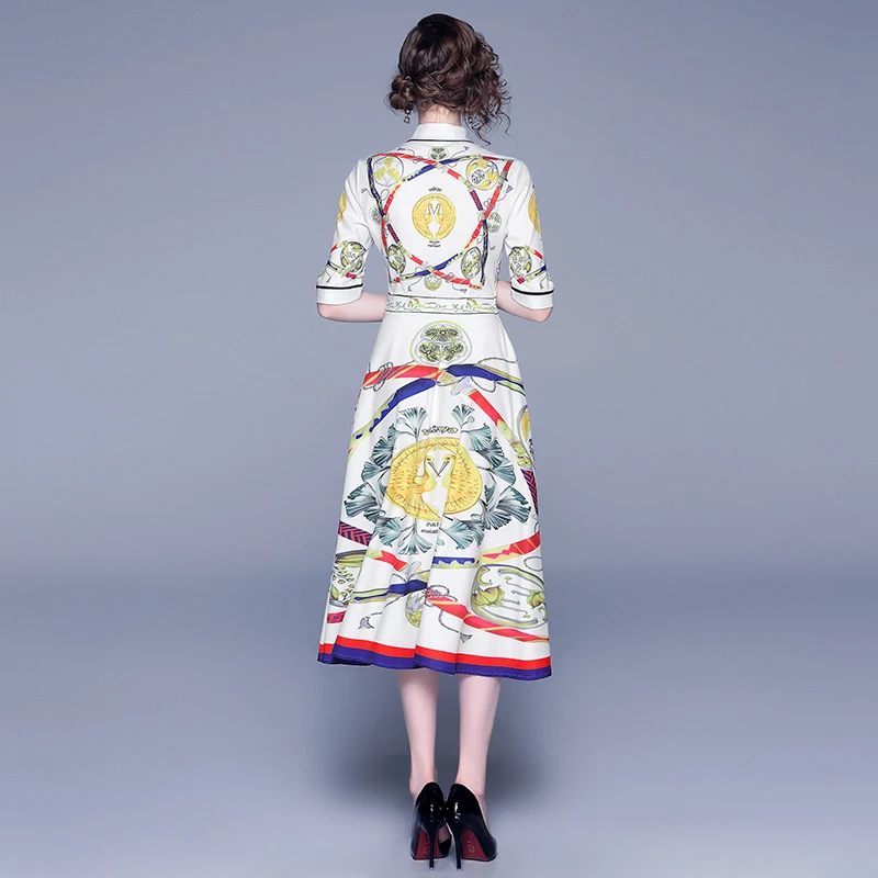 

New Elegant Vintage Women Print Slim Tunic Midi Dress Office Lady Long Sleeve Dresses Party Clothing