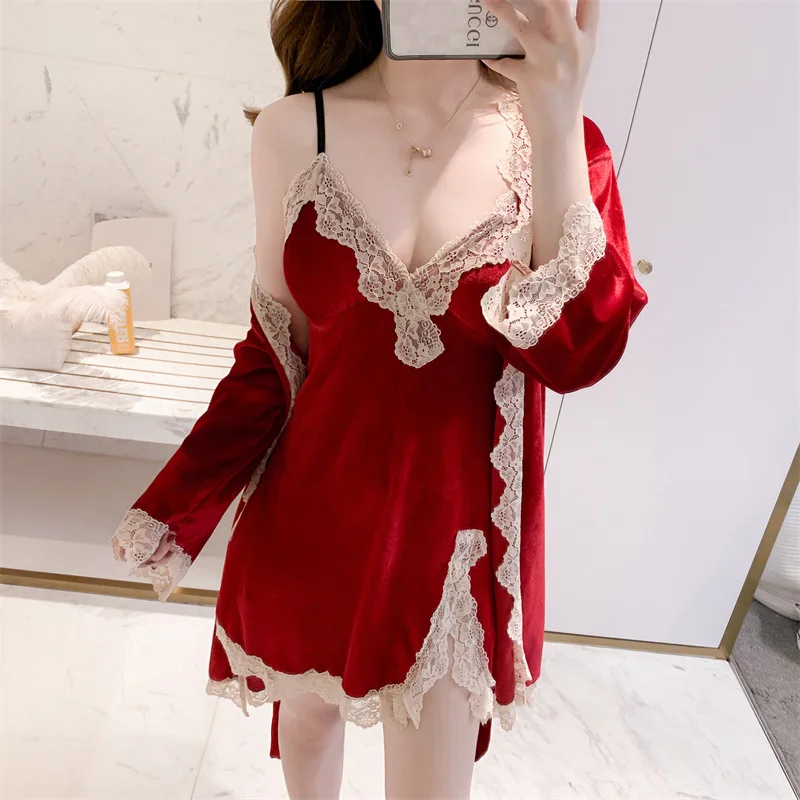 

Spring Autumn Women Velour Nightwear Sleepwear Female Sexy Lace Trim Velvet Robe Sets Ladies Homewear Casual Nightgowns