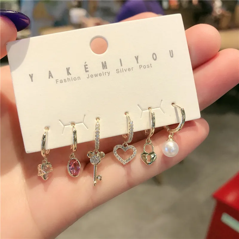 

New Fashion Korean Style Inlaid With Shining Color Crystal Heart Lock Earrings Temperament Earrings 6Pcs/Set Charm Women Jewelry