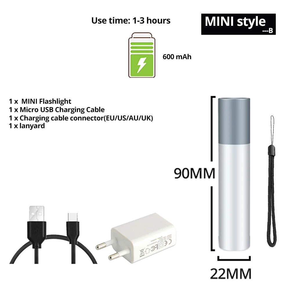 MINI style-B USB Перезаряжаемый простой Креативный светодиодный фонарик из алюминиевого сплава с 3 режимами освещения фонарь 200 метров дальность освещения - Испускаемый цвет: MINI style-B