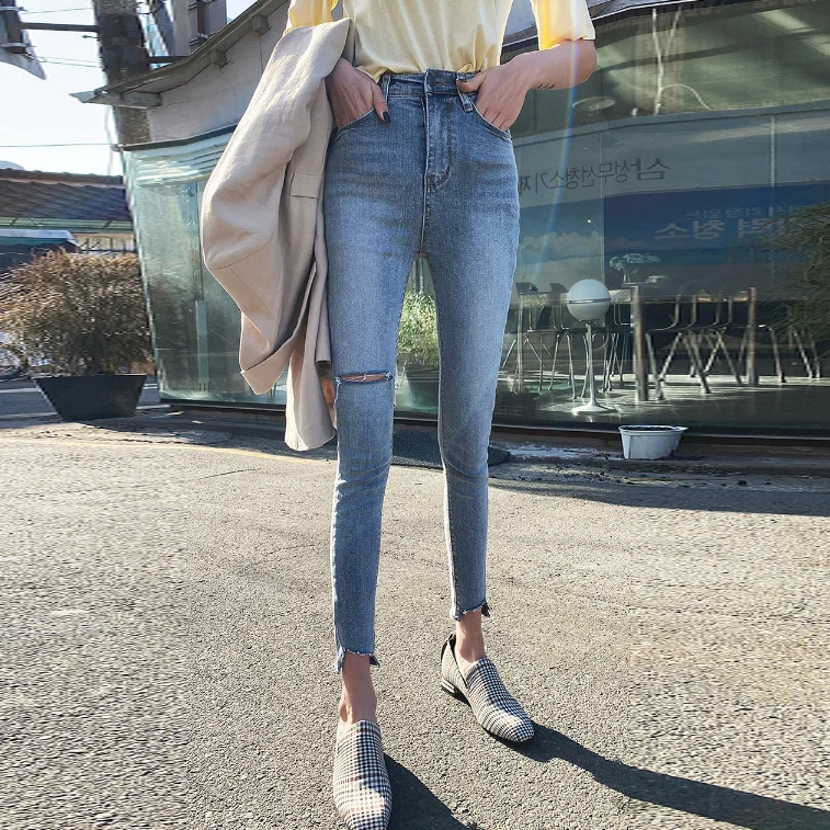 

Chic Korean Ripped Jeans for Woman Elastic Denim Pencil Pants Female Vintage Blue Skinny Jeans Mom Streetwear Bottom Ankle