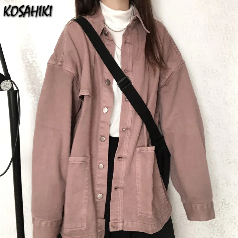 

KOSAHIKI Vintage Pink Denim Jacket Female Student Spring and Autumn Korean Loose Jeans Jackets Fashion Harajuku Coat Streetwear