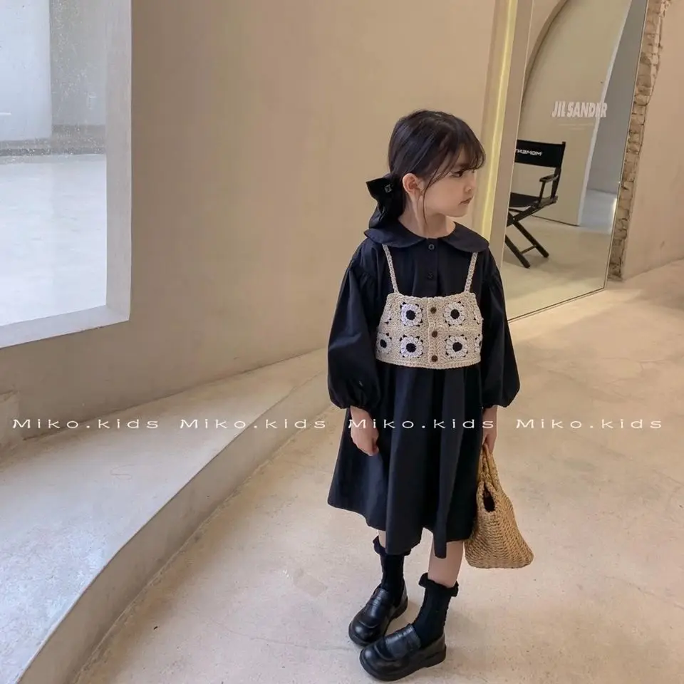 

Girls' Two Piece Suspender Vest Dress Fashionable And Versatile Baby Collar Autumn Skirt