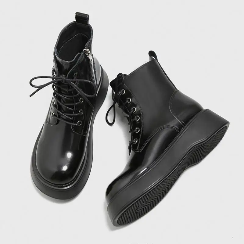 British Women Height Increase Martin Boots Round Toe Lace Up Zip Leather Boots Girl Lady Fashion Leisure Platform Boots 35-40