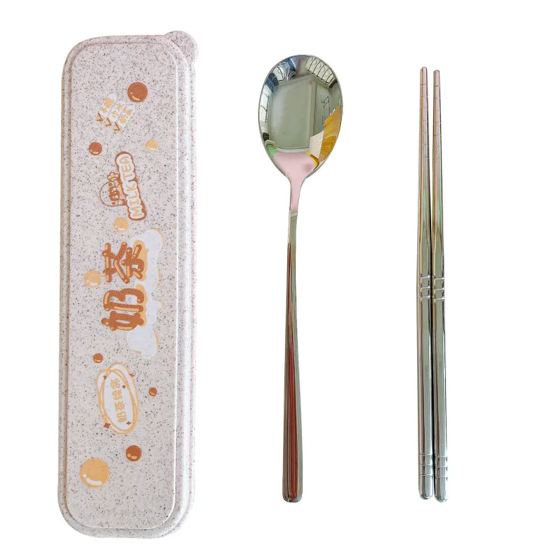 

Cartoon Student Chopsticks Spoon Portable Tableware Three-piece Suit Cute Children Portable Fork Box Fork