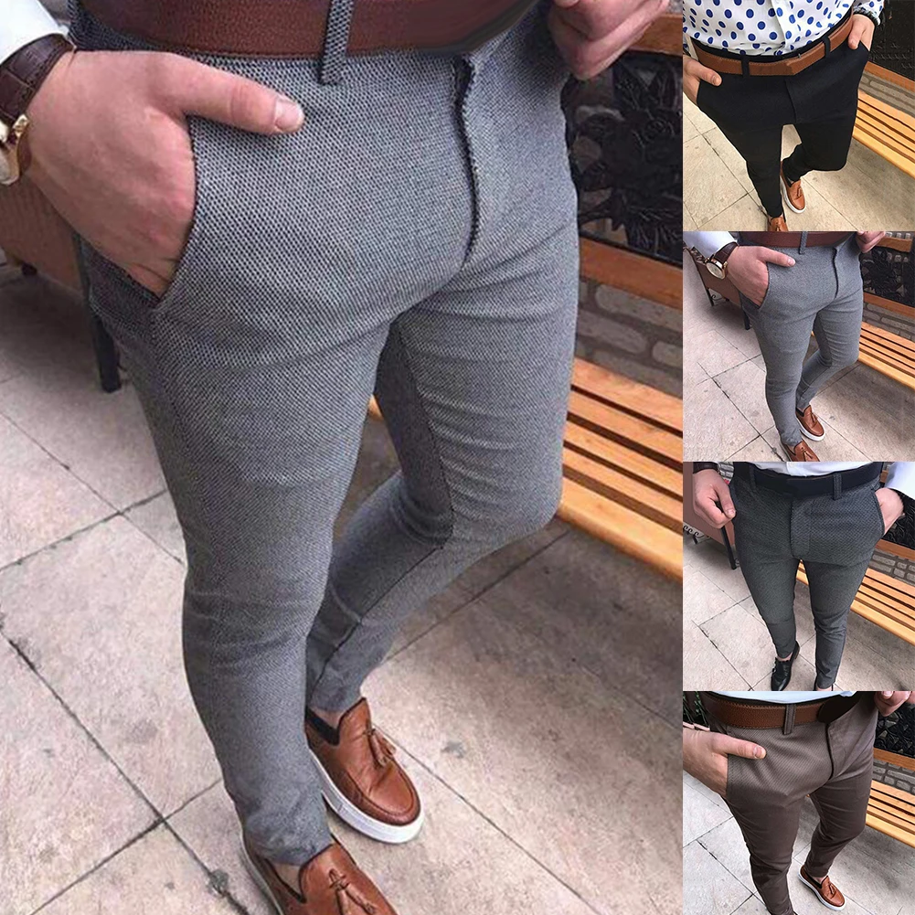 

Men Solid Color Mid Waist Pockets Cotton Elastic Pencil Pants Long Trousers Solid Color Button Closure with Pockets Elastic