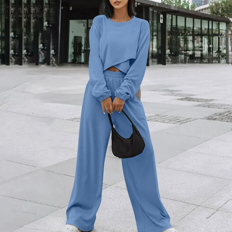 

Women Casual 2 Piece Suit ZANZEA Fashion Solid Short Blouse And Wide Leg Pant Autumn Irreguar Blouse Suits OL Long Pullover Sets