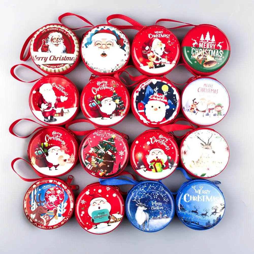 

Brilljoy New Christmas Children Coin Box Creative Gift Coin Purse Tinplate Mini Red Round Bag Headset Key Zipper Bag 8 Color
