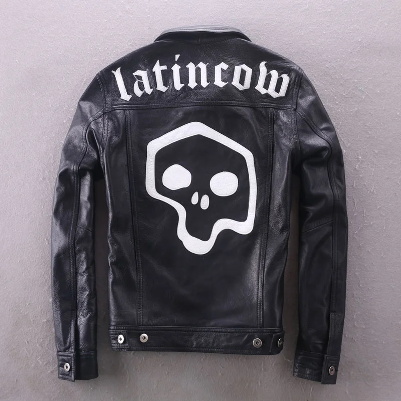 

biker skulls jacket pattern slim fit short genuine leather jacket men fashion motorcycle jacket for men black leather coat male