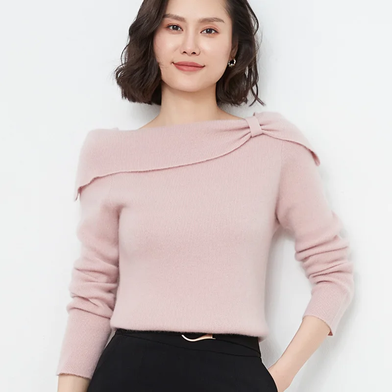 

Women Long Sleeve Woolen Sweater 2021 Autumn Winter Warm Off-shoulder Real Wool Sweater Ladies Bottoming Knitted Wool Pullover