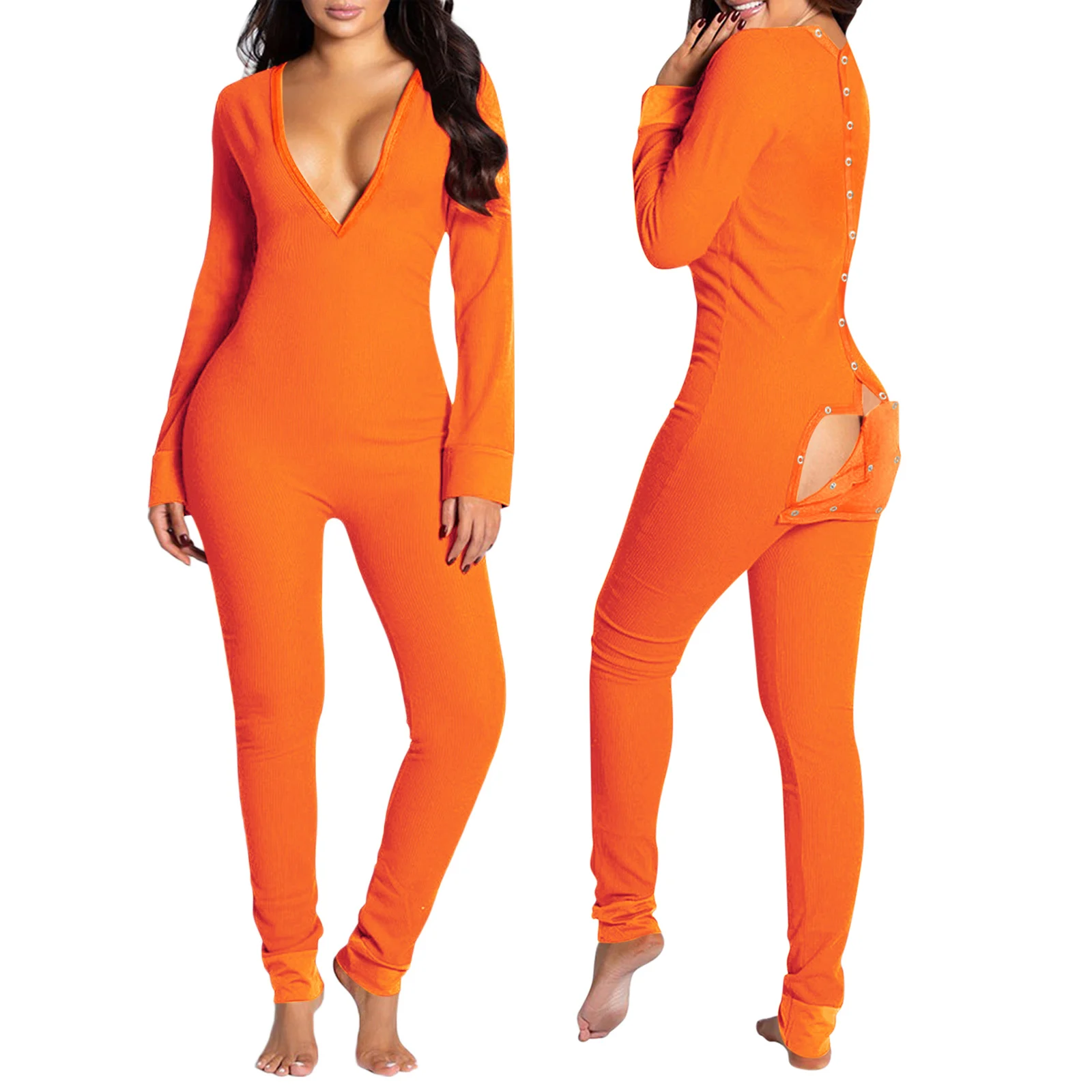 

Women's Sexy Butt Buttoned Flap Pajamas, V Neck Bodycon Long Sleeve One Piece Jumpsuit Rompers