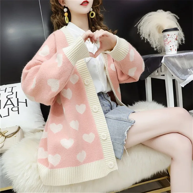 

2020 Female Casual Cardigan Loose Knitted Sweater Coat Heart Print V Neck cardigan Women Single Breasted Jacket