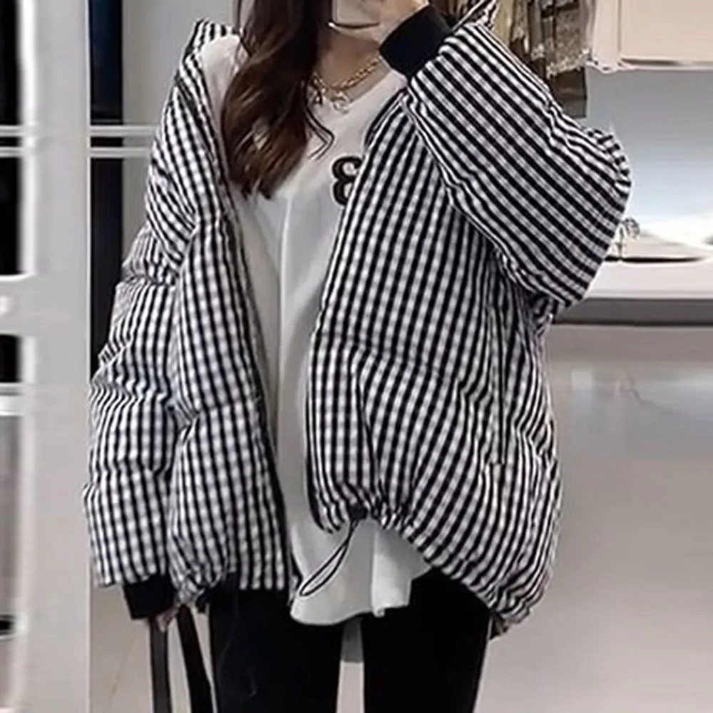 

Women Fashion Winter Cotton Padded Jacket Casual Minimalism Patchwork Long Sleeve Stand Loose Zipper Lattice Thick Lady Jacket