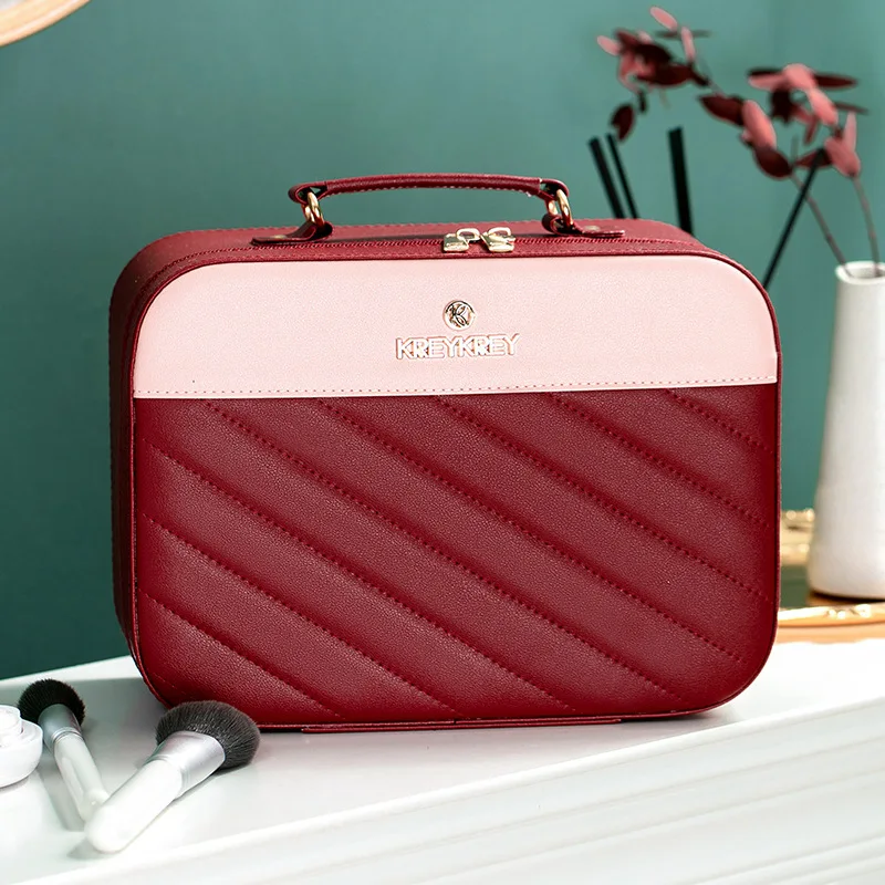 2022 New Cosmetic Bag Large Capacity PU Leather Striped Travel Eyebrow Storage Cosmetic Case