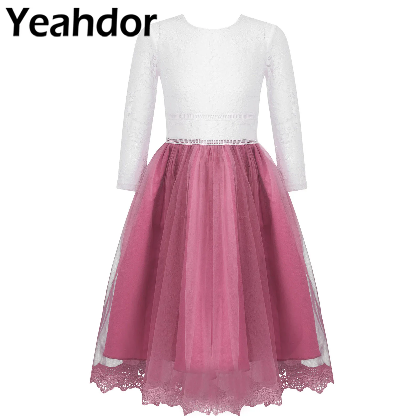 

petites filles robes Flower Girls Dress Kids Girls Elegant Long Sleeve Lace Patchwork Princess Dresses Wedding Party Dress